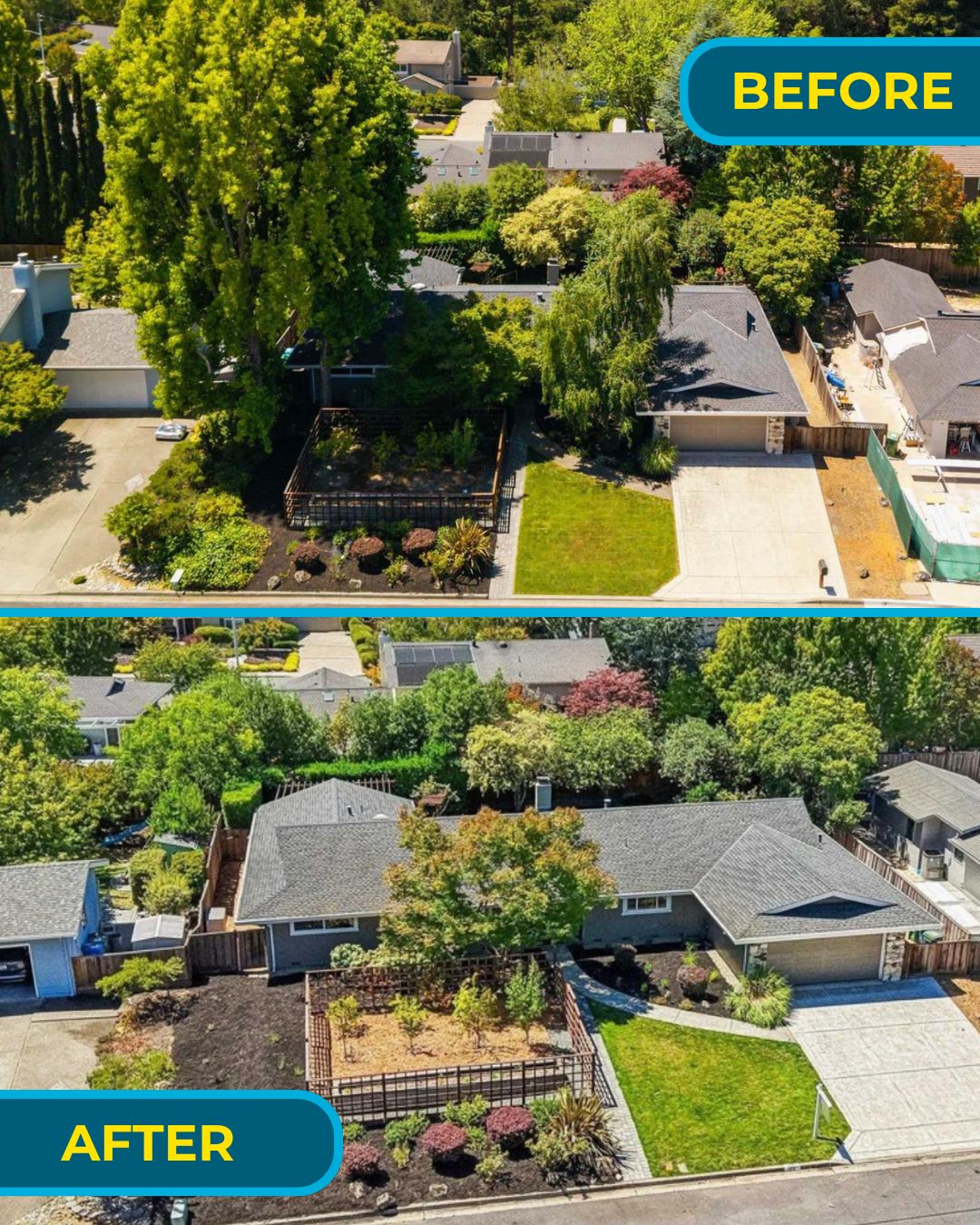 Aerial before and after views of 102 Brookfield showing tree removal and exterior refresh