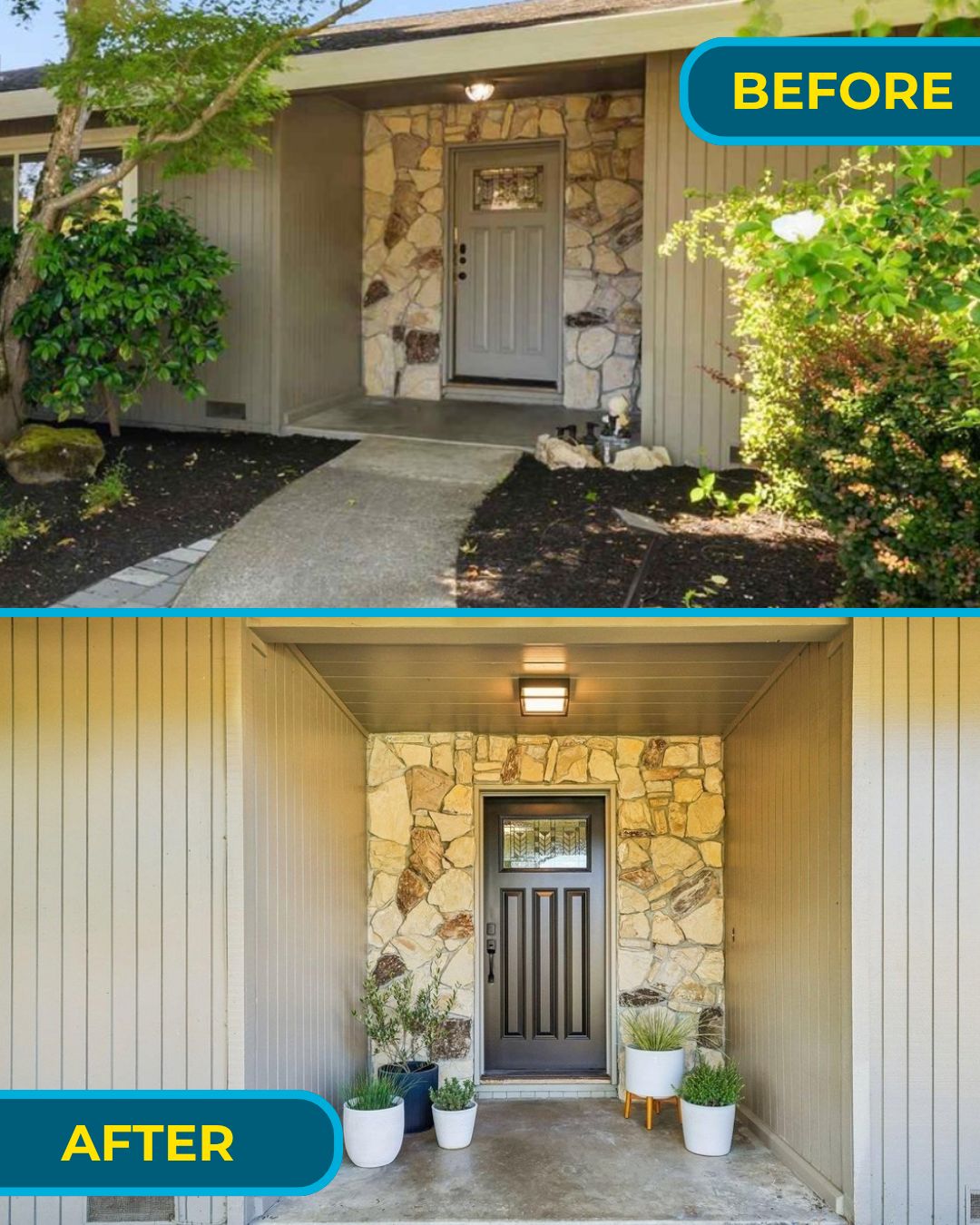 Entryway before and after at 102 Brookfield with updated door and staging