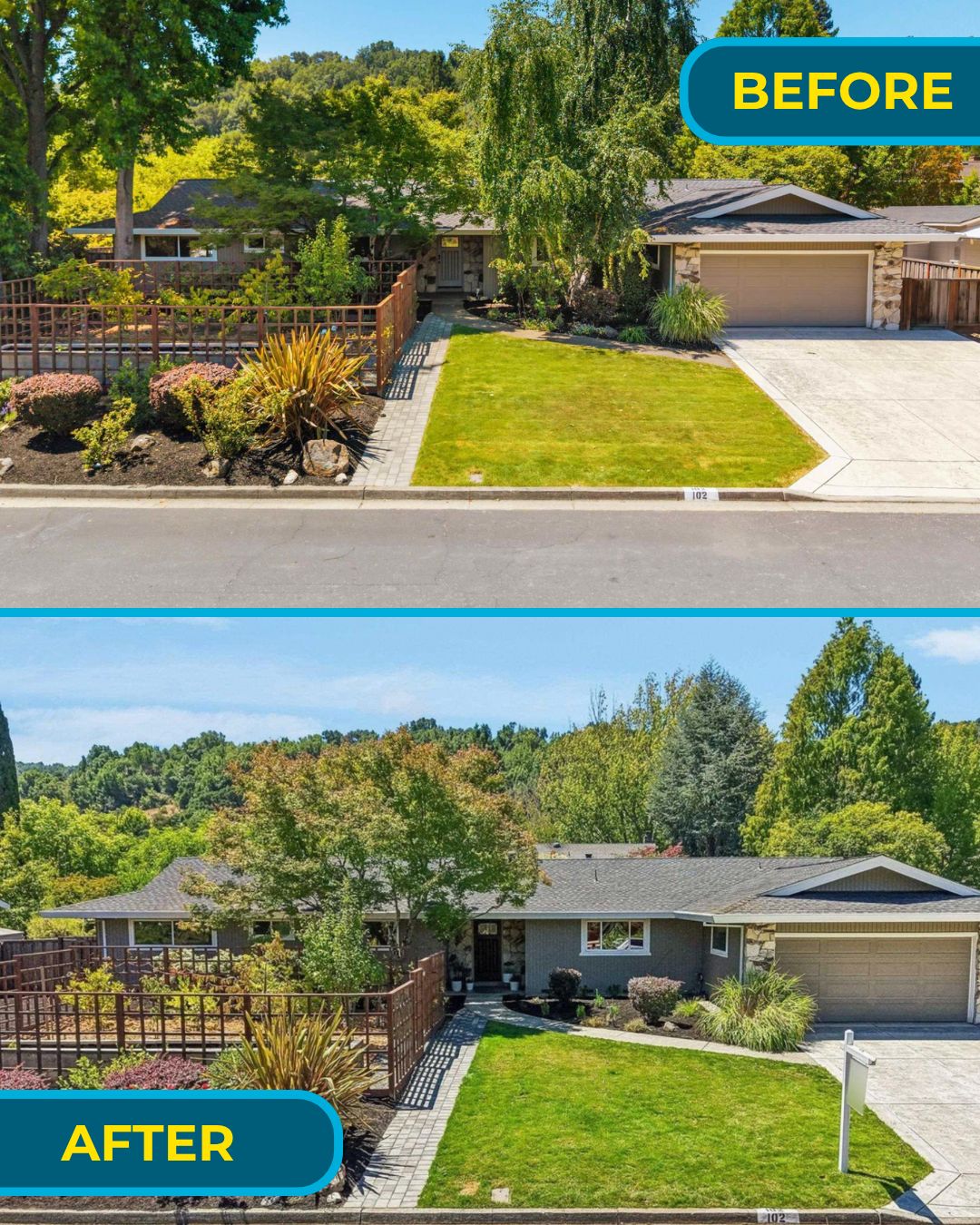 Front yard before and after at 102 Brookfield with improved curb appeal